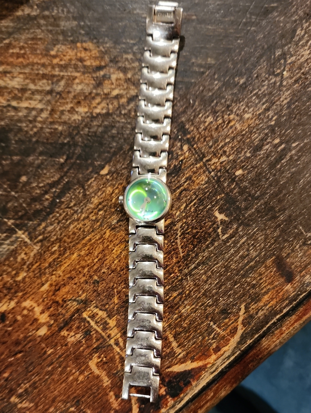 Fossil Silver Bracelet Watch with Green Iridescent Dial